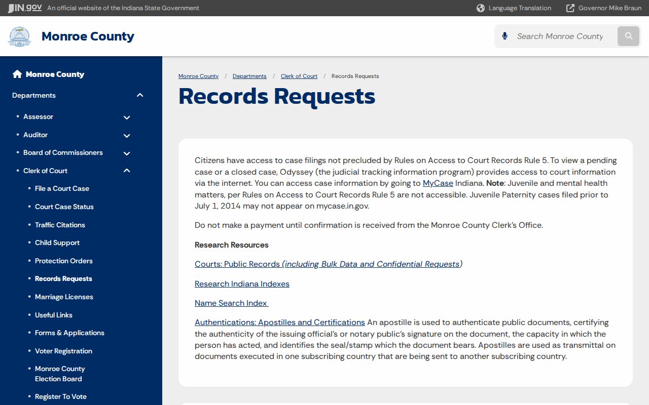 Monroe County civil docket records fallback on the Clerk page